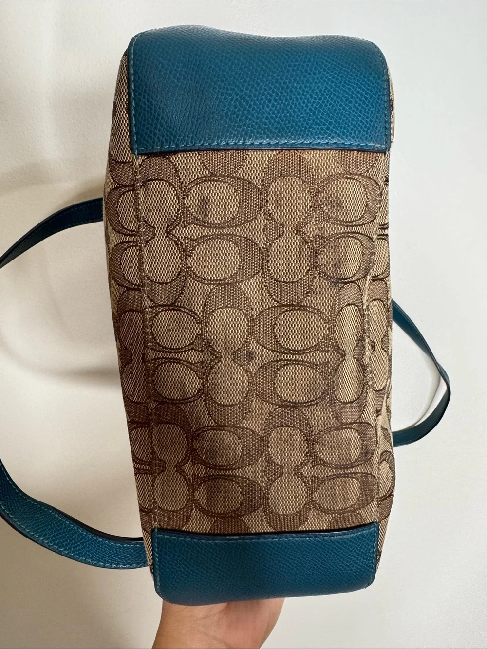 Coach Signature Canvas Tote with Teal Leather Trim